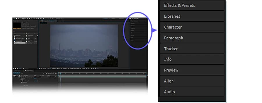 After Effects timeline and panel workspace