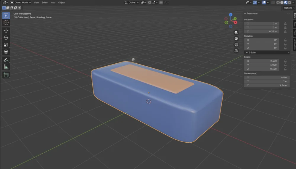 Blender viewport with a beveled object selected and non-uniform scale visible