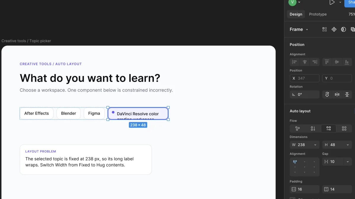Figma Auto Layout component with a long label wrapping at a fixed width